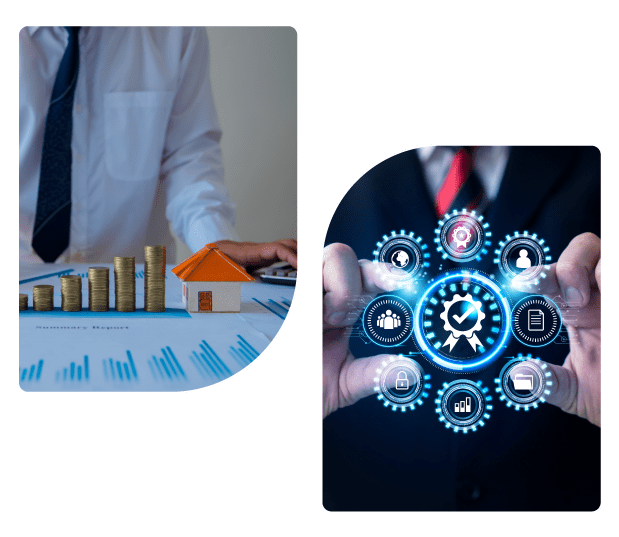 Property Dealer with Coins, Home, Growth chart and Certified Badge